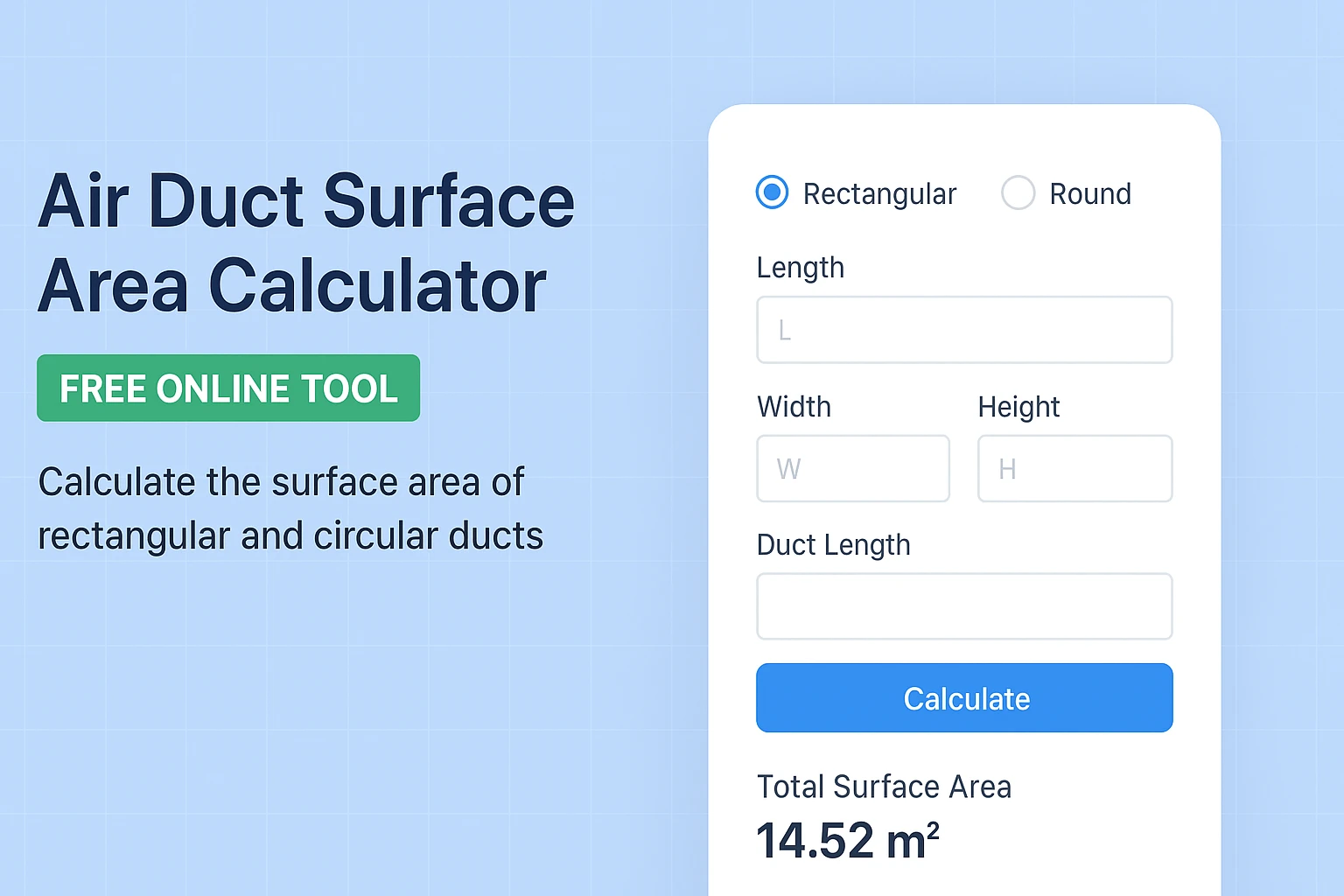 Air Duct Surface Area Calculator - Online Tool
