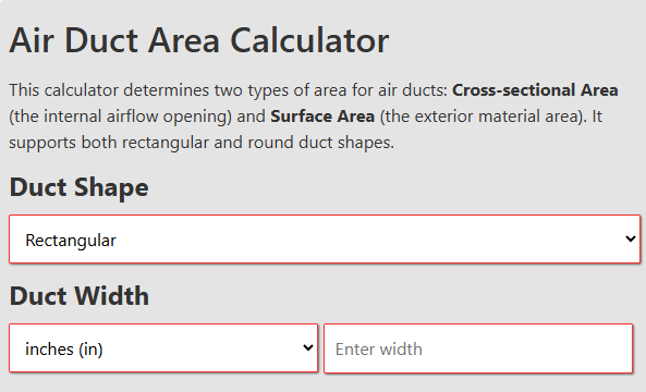 Duct Surface Area Calculation Tool – HVAC